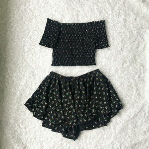Off-shoulder smocked two-piece set with shorts